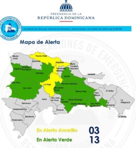 COE coloca tres provincias en alerta amarilla y mantiene 13 en verde por vaguada